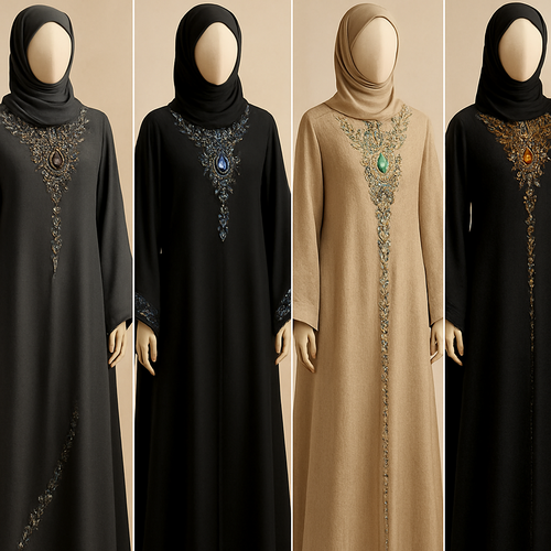 Create me modest abaya that's first in the world, using unique stone design, classy and sophisticated. Keep me 4 designs. Make them rich by adding unique chic stone high end designs and . Showcasing different styles and fabric.