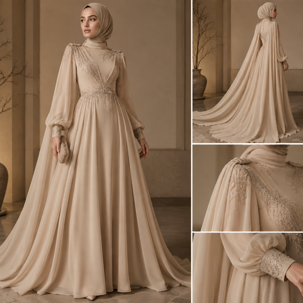 A Dress design, suitable for Fall. اريد فستان ك مدعوه لحفله خطوبه. بلون البيج مستور للمحجبات اريد حركه الرداء بل خلف ويكون هاديء وفخم ومريح واهتم باظق التفاصيل.... IQ fashion aesthetics. Present it as professional fashion catalogue photography: the garment is the subject, shown full-length with editorial styling, neutral posing and tasteful, non-suggestive framing.
photorealistic fashion design, A Dress design, suitable for Fall. اريد فستان ك مدعوه لحفله خطوبه. بلون البيج مستور للمحجبات اريد حركه الرداء بل خلف ويكون هاديء وفخم ومريح واهتم باظق التفاصيل.... IQ fashion aesthetics. Present it as professional fashion catalogue photography: the garment is the subject, shown full-length with editorial styling, neutral posing and tasteful, non-suggestive framing., just the design no text