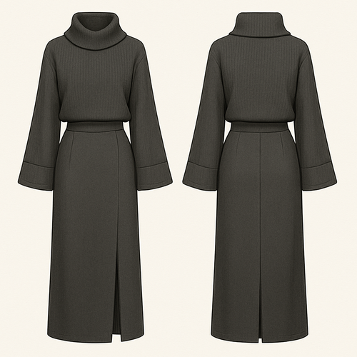 A dress with a sweater like hanging neck wide end of sleeves a hanging design waist long skirt part with split 