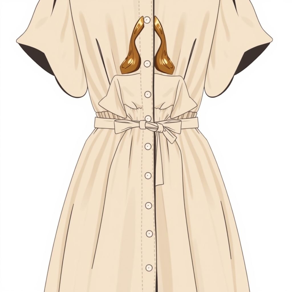 Frontal Button down midi dress with flowy short arms and with elastic at the back so itcan stretch fit big bust .the dress must also be flowy at the bottom to flaunt a womes curves with shirred back design and with two strings at the waist that tie to the back and make the waist smaller
Design a classic frontal button-down midi dress, featuring elegant flowy short sleeves and a shirred elastic back for a flexible fit, enhancing a fuller bust. The skirt should cascade gracefully, celebrating a woman's curves, while two refined ties at the waist cinch delicately, channeling timeless sophistication and understated glamour.