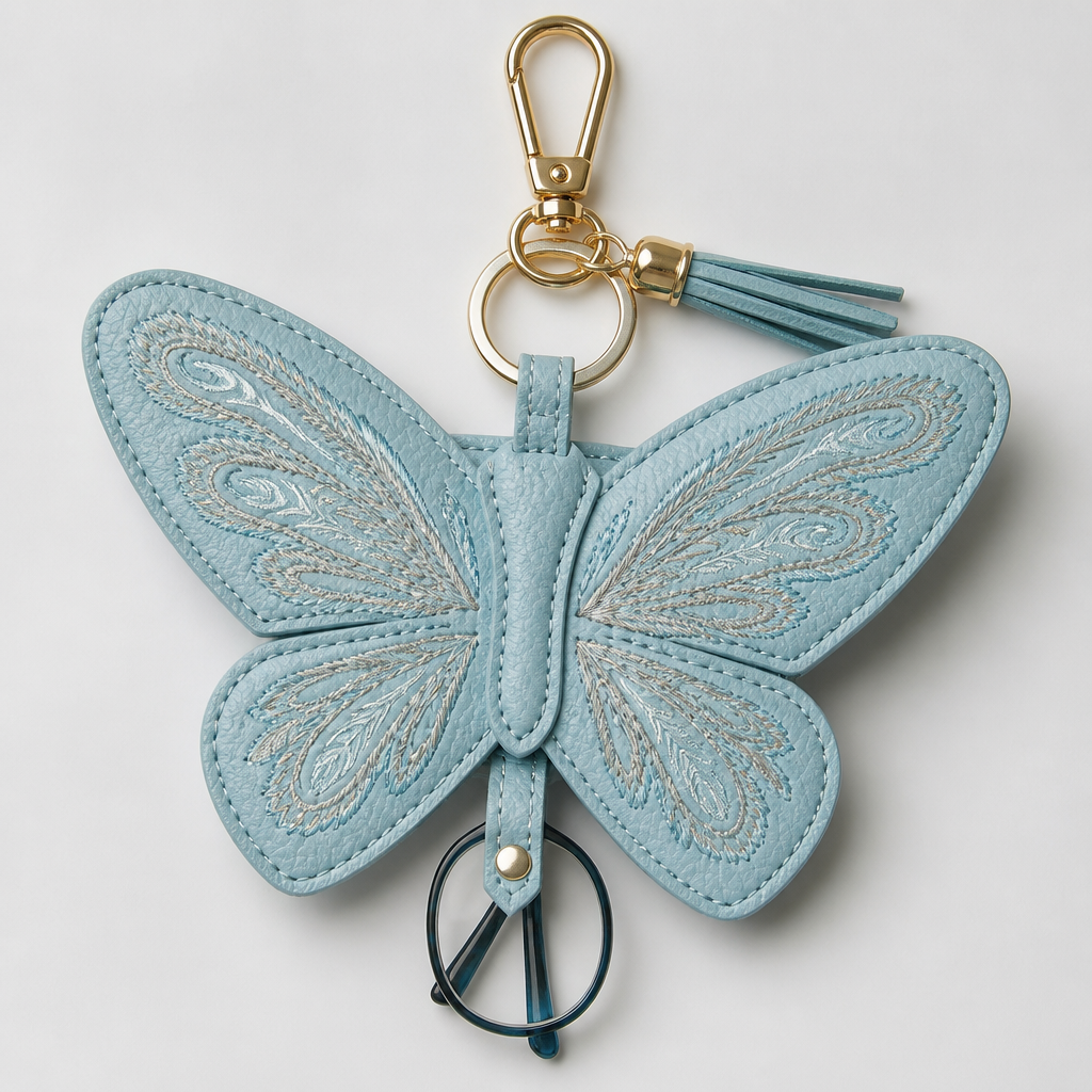 Glasses holder bag charm butterfly shape light blue leather powerful words embroidery
photorealistic fashion design, Glasses holder bag charm butterfly shape light blue leather powerful words embroidery, just the design no text