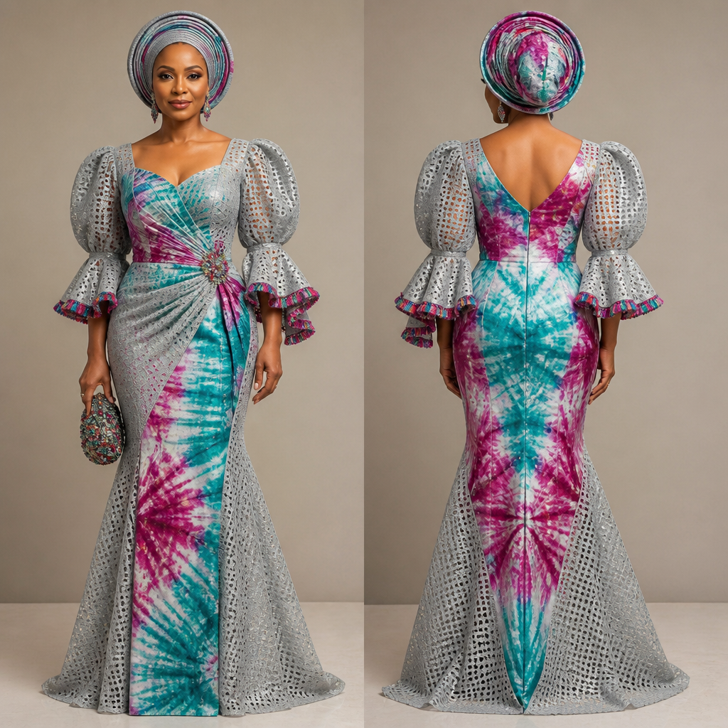 PROMPT
Create a one of a kind fabulous party dress for a 50 year old woman that can be worn to a birthday party that look stunning classic elegant sophisticated graceful, design it with a colorful authentic tie and dye fabric and a silverfish grey net hole aso oke fabric with a touch of beautiful colorful trims
Edit
* Save
凸
凸
photorealistic fashion design, PROMPT
Create a one of a kind fabulous party dress for a 50 year old woman that can be worn to a birthday party that look stunning classic elegant sophisticated graceful, design it with a colorful authentic tie and dye fabric and a silverfish grey net hole aso oke fabric with a touch of beautiful colorful trims
Edit
* Save
凸
凸, just the design no text, show front and back