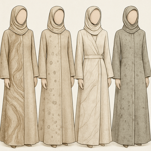 Create a modest two-piece linen abaya, the first of its kind, featuring a unique stone design that exudes a classy and sophisticated vibe. I’d like four designs, each showcasing different styles and fabrics. Incorporate high-end, unique chic stone designs to make them truly special. Add little sophisticated stone designs.
