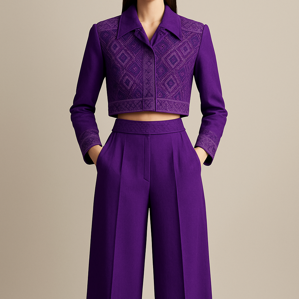 Le Haut (Crop Jacket / Chemisier Court)
Le haut est une pièce courte de type blouson ou chemisier structuré qui s'arrête au-dessus de la taille, créant un crop top.
• Col : Il présente un col à revers pointu (comme un col de chemise ou de veste) qui est la zone la plus richement détaillée du vêtement.
• Motifs Principaux (Torse/Col) : La poitrine et l'encolure sont ornées de motifs géométriques complexes. Ces motifs semblent être des broderies ou des applications en relief formant des zigzags, des losanges, et des chevrons. La symétrie et la densité de ces motifs suggèrent un travail artisanal.
• Boutonnière/Fermeture : La fermeture est subtile ou cachée, car le centre du devant est dominé par les motifs.
• Manches : Les manches sont longues. Les poignets se terminent par des bandes de motifs répétés, similaires à ceux du col, servant de bordure.
• Ourlet : L'ourlet du haut est droit ou légèrement incurvé et s'arrête juste au niveau de la taille naturelle, exposant une petite bande de peau (ou le haut de la taille du pantalon).
👖 Le Bas (Pantalon Taille Haute)
Le pantalon est un modèle taille haute avec une coupe droite et ample (ou wide-leg).
• Taille : La taille est marquée et ajustée. Il y a une bande de tissu qui sert de ceinture, parfois ornée d'un motif discret ou de petits détails.
• Poches : Le pantalon comporte des poches latérales insérées (à l'italienne) sur les hanches, signalées par les mains du modèle glissées dedans.
• Coupe : La coupe est fluide et décontractée, tombant droit du bassin jusqu'au sol. L'absence de plis ou de détails compliqués sur les jambes met l'accent sur la simplicité du bas pour mieux contraster avec l'opulence du haut.
• Longueur : Les jambes semblent très longues et touchent le sol, ce qui renforce l'allure élégante et élancée.
🧵 Style et Inspiration Générale
• Silhouette : La silhouette est élancée et moderne, juxtaposant un haut court et structuré avec un pantalon ample et fluide.
• Thème : Le design s'inspire clairement d'une esthétique folk/ethnique, les motifs étant le point focal. Il pourrait s'agir d'une réinterprétation moderne d'un vêtement traditionnel (comme une variation des vestes marocaines ou des motifs d'Amérique du Sud).
• Matériaux suggérés : Pour le haut, un tissu qui se tient (comme du coton structuré, du lin épais ou de la soie brodée). Pour le bas, un tissu fluide (crêpe, viscose, ou un satin mat) qui drapera bien.
C'est un ensemble qui est à la fois habillé grâce aux broderies, et confortable/contemporain grâce à la coupe du pantalon large.
Et l'ensemble est d'une couleure vivid violet
Le Haut (Crop Jacket / Chemisier Court)
Le haut est une pièce courte de type blouson ou chemisier structuré qui s'arrête au-dessus de la taille, créant un crop top.
• Col : Il présente un col à revers pointu (comme un col de chemise ou de veste) qui est la zone la plus richement détaillée du vêtement.
• Motifs Principaux (Torse/Col) : La poitrine et l'encolure sont ornées de motifs géométriques complexes. Ces motifs semblent être des broderies ou des applications en relief formant des zigzags, des losanges, et des chevrons. La symétrie et la densité de ces motifs suggèrent un travail artisanal.
• Boutonnière/Fermeture : La fermeture est subtile ou cachée, car le centre du devant est dominé par les motifs.
• Manches : Les manches sont longues. Les poignets se terminent par des bandes de motifs répétés, similaires à ceux du col, servant de bordure.
• Ourlet : L'ourlet du haut est droit ou légèrement incurvé et s'arrête juste au niveau de la taille naturelle, exposant une petite bande de peau (ou le haut de la taille du pantalon).
👖 Le Bas (Pantalon Taille Haute)
Le pantalon est un modèle taille haute avec une coupe droite et ample (ou wide-leg).
• Taille : La taille est marquée et ajustée. Il y a une bande de tissu qui sert de ceinture, parfois ornée d'un motif discret ou de petits détails.
• Poches : Le pantalon comporte des poches latérales insérées (à l'italienne) sur les hanches, signalées par les mains du modèle glissées dedans.
• Coupe : La coupe est fluide et décontractée, tombant droit du bassin jusqu'au sol. L'absence de plis ou de détails compliqués sur les jambes met l'accent sur la simplicité du bas pour mieux contraster avec l'opulence du haut.
• Longueur : Les jambes semblent très longues et touchent le sol, ce qui renforce l'allure élégante et élancée.
🧵 Style et Inspiration Générale
• Silhouette : La silhouette est élancée et moderne, juxtaposant un haut court et structuré avec un pantalon ample et fluide.
• Thème : Le design s'inspire clairement d'une esthétique folk/ethnique, les motifs étant le point focal. Il pourrait s'agir d'une réinterprétation moderne d'un vêtement traditionnel (comme une variation des vestes marocaines ou des motifs d'Amérique du Sud).
• Matériaux suggérés : Pour le haut, un tissu qui se tient (comme du coton structuré, du lin épais ou de la soie brodée). Pour le bas, un tissu fluide (crêpe, viscose, ou un satin mat) qui drapera bien.
C'est un ensemble qui est à la fois habillé grâce aux broderies, et confortable/contemporain grâce à la coupe du pantalon large.
Et l'ensemble est d'une couleure vivid violet