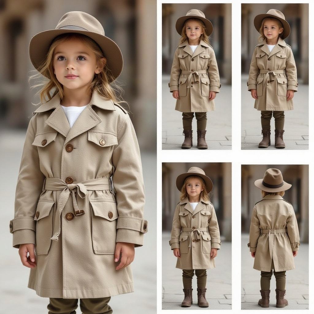 Design a unique and beautiful Zara linen raincoat or trench coat for six-year-old children.
Military fashion: Design a unique and beautiful Zara linen raincoat or trench coat for six-year-old children, with shoulder epaulets, cargo pockets, and a simple waist belt, in a neutral color.