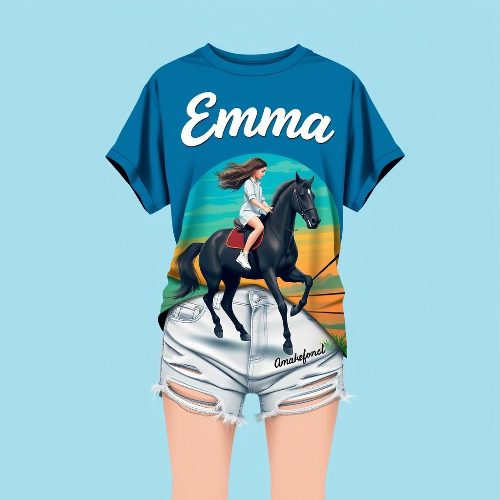 Blue shirt with the words Emma on them with girl rearing on horse and teal green and and blue background sunset
Design a chic and vibrant ensemble featuring a relaxed-fit blue shirt adorned with the name "Emma" in playful, bold typography. The shirt showcases an artistic print of a girl gracefully riding a horse, set against a dreamy teal-green and blue sunset backdrop. Pair it with distressed denim shorts and sleek white ankle boots for a modern, adventurous look.
