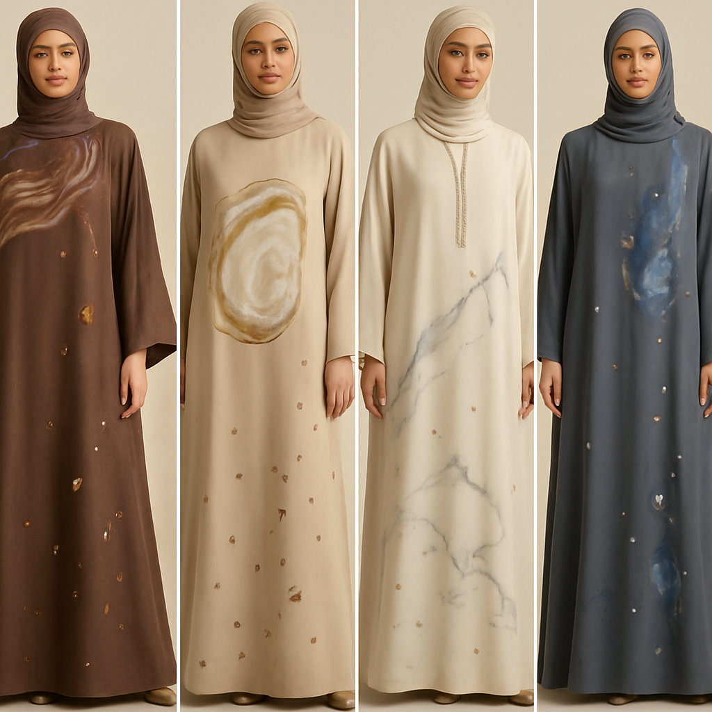 Create a modest boubou, the first of its kind, featuring a unique stone design that exudes a classy and sophisticated vibe. I'd like four designs, each showcasing different styles and fabrics. Incorporate high-end, unique chic stone designs to make them truly special. Add little sophisticated stone designs.

Create a modest boubou, the first of its kind, featuring a unique stone design that exudes a classy and sophisticated vibe. I'd like four designs, each showcasing different styles and fabrics. Incorporate high-end, unique chic stone designs to make them truly special. Add little sophisticated stone designs.