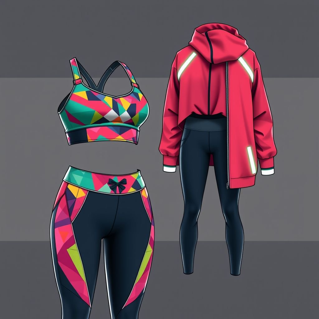 CIV Unique Gym Set Design
Design a unique gym set that seamlessly blends style and functionality. Incorporate breathable, moisture-wicking fabrics in vibrant colors with geometric patterns. Focus on a sporty crop top with adjustable straps paired with high-waisted leggings featuring mesh inserts. Add reflective accents for visibility and a trendy oversized jacket, perfect for post-workout cool-downs.