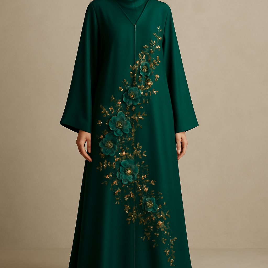 Create me an abaya based on these descriptions.             The Emerald Garden Abaya
Tone: Rich Emerald Green
Design:
Couture floral appliqués in emerald and gold, softly arranged diagonally from waist to hem.
Embellishment:
Hand-set gold crystals and glass beads woven within the flowers.
Vibe:
Regal, graceful, soft shine.

Create me an abaya based on these descriptions.             The Emerald Garden Abaya
Tone: Rich Emerald Green
Design:
Couture floral appliqués in emerald and gold, softly arranged diagonally from waist to hem.
Embellishment:
Hand-set gold crystals and glass beads woven within the flowers.
Vibe:
Regal, graceful, soft shine.