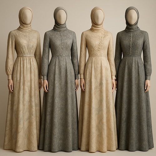 Create a modest dresses, first of its kind, featuring a unique stone design that exudes a classy and sophisticated vibe. I'd like four designs, each showcasing different styles and fabrics. Incorporate high-end, unique chic stone designs to make them truly special. Add little sophisticated stone designs. Make it irresistible for customers 