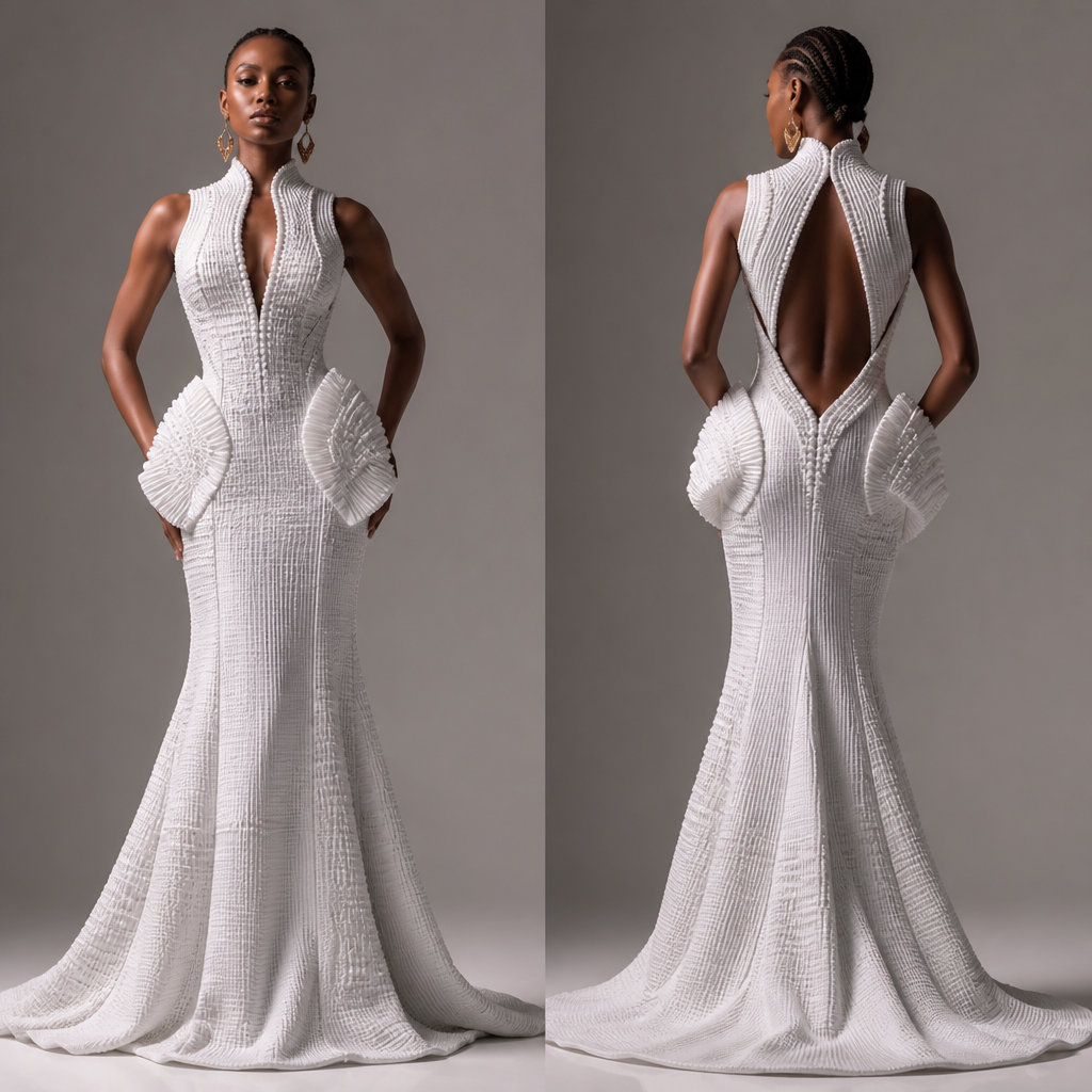 A Female fashion design, in Designer style. the dress must be white. South Africa fashion aesthetics.
photorealistic fashion design, A Female fashion design, in Designer style. the dress must be white. South Africa fashion aesthetics., designer style, just the design no text, show front and back