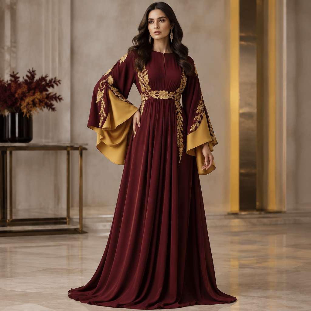 A Dress design, in Glamorous style. الفولور اللون البركاندي معوالأصفر البناني الأكمام واسعه. Design with modest coverage. Present it as professional fashion catalogue photography: the garment is the subject, shown full-length with editorial styling, neutral posing and tasteful, non-suggestive framing.
photorealistic fashion design, A Dress design, in Glamorous style. الفولور اللون البركاندي معوالأصفر البناني الأكمام واسعه. Design with modest coverage. Present it as professional fashion catalogue photography: the garment is the subject, shown full-length with editorial styling, neutral posing and tasteful, non-suggestive framing., glamorous style, just the design no text