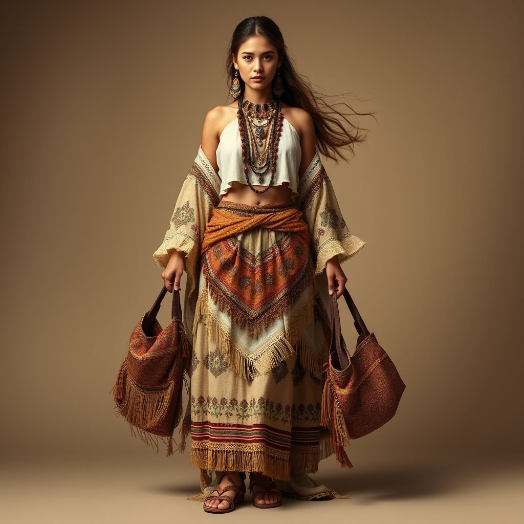 انثى سومريه
Design a bohemian-inspired outfit for a Sumerian woman, blending ancient patterns with modern flair. Envision flowing layers of soft, earthy fabrics adorned with intricate beadwork, fringes, and natural dyes. Include flowing maxi skirts, crop tops with billowy sleeves, and statement accessories like layered necklaces and oversized, embroidered bags. Emphasize freedom and individuality.