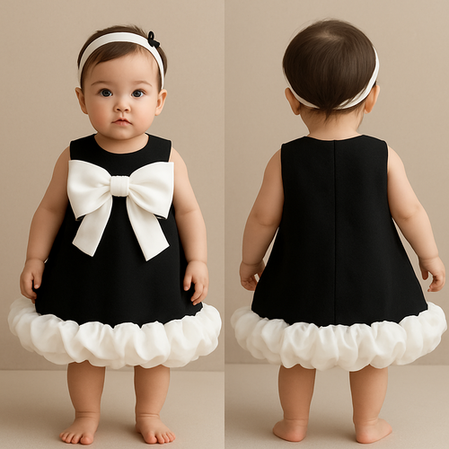 一歳の女の子着用画
ジャケット生地の黒のノンスリーブワンピー
ス、丈は膝上
胸元のリボンは、白で非常に大きく、肩にかかるほど幅広いサイズにしてください。
ノンスリーブの肩線が隠れるくらいの大きさで、襟元を完全に覆うリボンです。
胸のリボンは、ループ部分だけの"結び目風リボンにしてください。タレ（垂れ下がる細長い部分）は一切つけないでください。
裾のデザインは、段々スカートではありません。
スカートは一段だけのAラインで、裾に"雲のようにふくらむ白色の立体的なフリル”を密集して付けてください。
フリルは平らに広がらず、くるんと丸くカールさせて、花びらのような立体感を出してください。
裾全体がモコモコとふくらむバルーンシルエットになるように。
背中に装飾はなし
頭には白のカチューシャ
カチューシャにはちょっとした黒い装飾