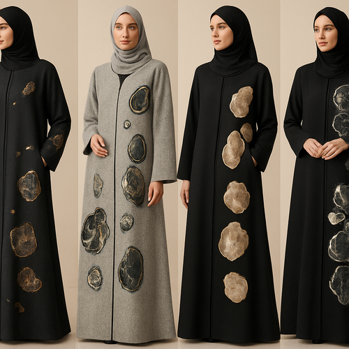 Create a modest abaya, the first of its kind, featuring a unique stone design that exudes a classy and sophisticated vibe. I'd like four designs, each showcasing different styles and fabrics. Incorporate high-end, unique chic stone designs to make them truly special. Add little sophisticated stone designs. Make it irritable for customers 