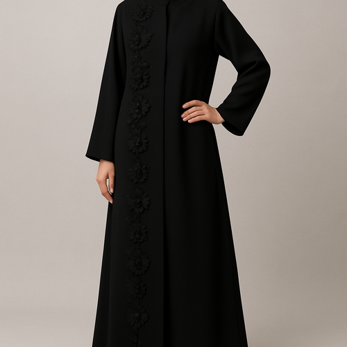 The Classic Floral Side-Line Abaya
Tone: Jet Black Design: A straight line of delicate 3D flowers + stones running down one side only. Why it will sell: Very slimming, minimal, elegant — perfect for everyday + occasions.