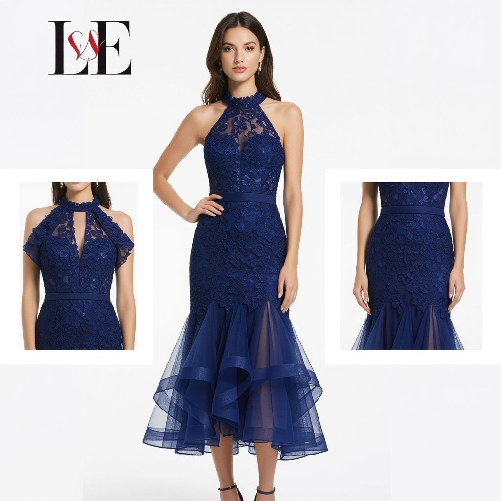 A fitted sleeveless tube dress in navy blue lace with 3 layer tulle puffy skirt
Elegant fashion: A fitted sleeveless tube dress in navy blue lace with a 3-layer tulle puffy skirt, featuring a high neckline and a midi length.