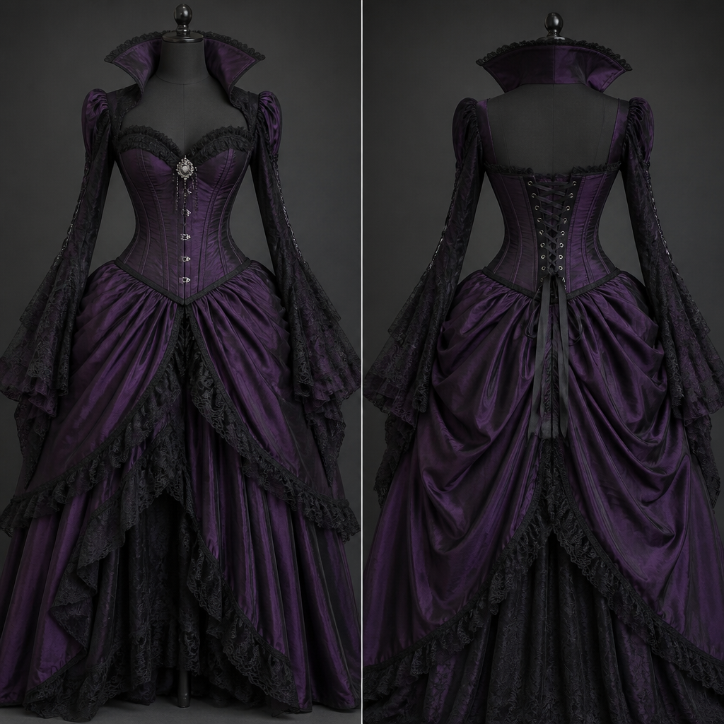 Purple corset vampire dress
photorealistic fashion design, Purple corset vampire dress
, just the design no text, show front and back