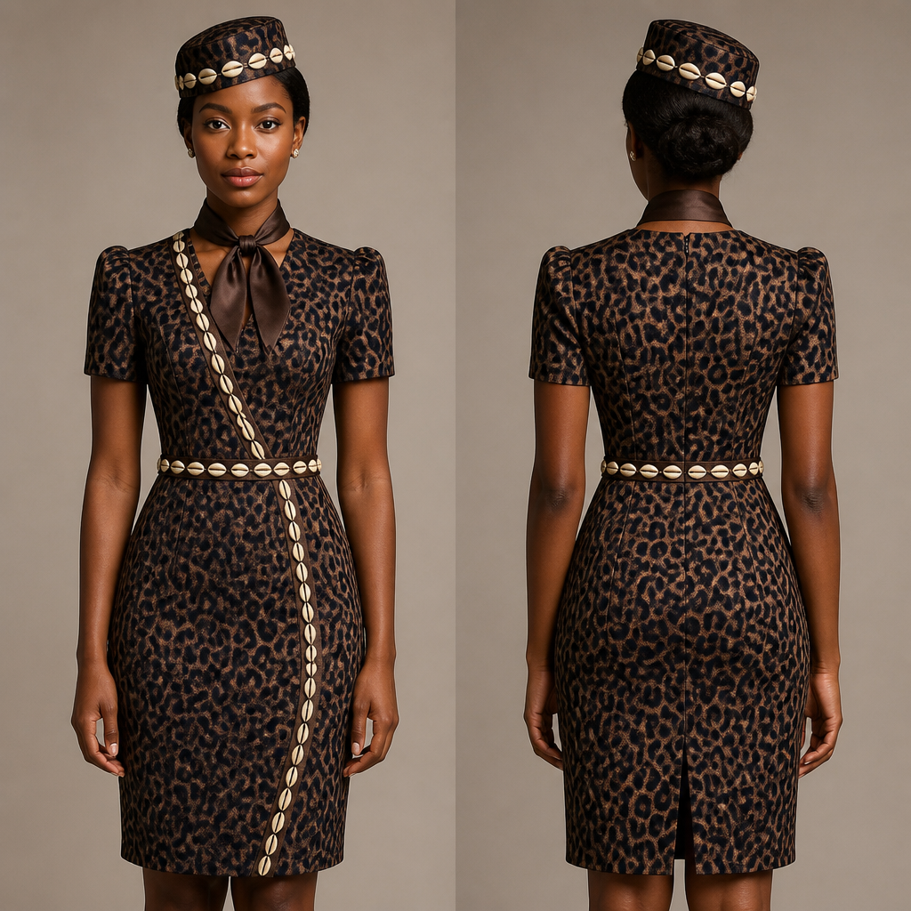 Robe hôtesse tissue tout panthere noir et marron
avec cauris Et un chapeau style hôtesse e l’air couleur qui s’accorde avec un petit foulard au cou
photorealistic fashion design, Robe hôtesse tissue tout panthere noir et marron
avec cauris Et un chapeau style hôtesse e l’air couleur qui s’accorde avec un petit foulard au cou, business style, just the design no text, show front and back