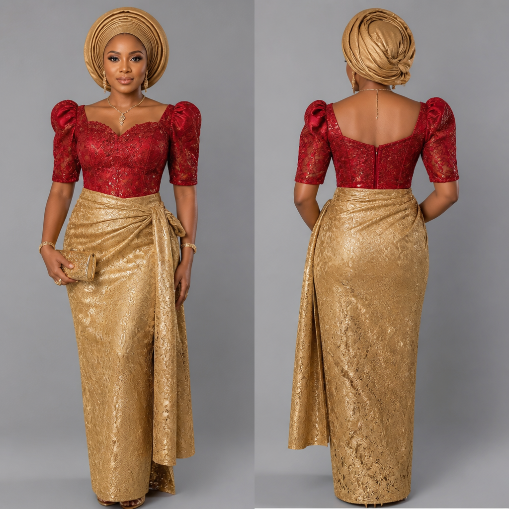 A traditional Nigeria attire with gold wrapper and red blouse
photorealistic fashion design, A traditional Nigeria attire with gold wrapper and red blouse
, just the design no text, show front and back
