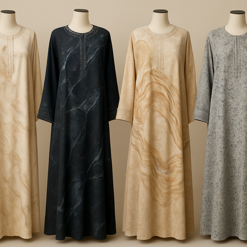 Create a modest boubou, the first of its kind, featuring a unique stone design that exudes a classy and sophisticated vibe. I'd like four designs, each showcasing different styles and fabrics. Incorporate high-end, unique chic stone designs to make them truly special. Add little sophisticated stone designs.