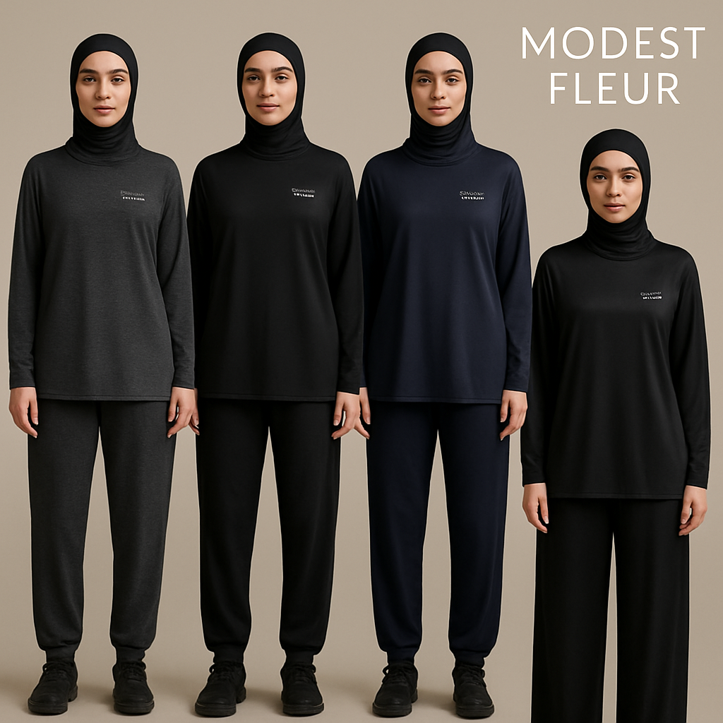 Create a revolutionary women's modest loose gym wear brand called "Modest Fleur". Display the brand name on the in a unique design on the upper right side, in small thick writing that exudes a classy and sophisticated vibe. I'd like four designs, each showcasing different styles and fabrics, with high-end, chic designs to make them truly special. Making it first design in the world
Create a revolutionary women's modest loose gym wear brand called "Modest Fleur". Display the brand name on the in a unique design on the upper right side, in small thick writing that exudes a classy and sophisticated vibe. I'd like four designs, each showcasing different styles and fabrics, with high-end, chic designs to make them truly special. Making it first design in the world