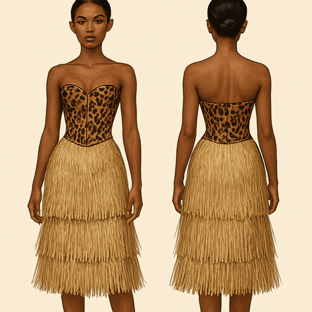 Raphia skirt
Leopard corset
Raphia skirt
Leopard corset
, show front and back