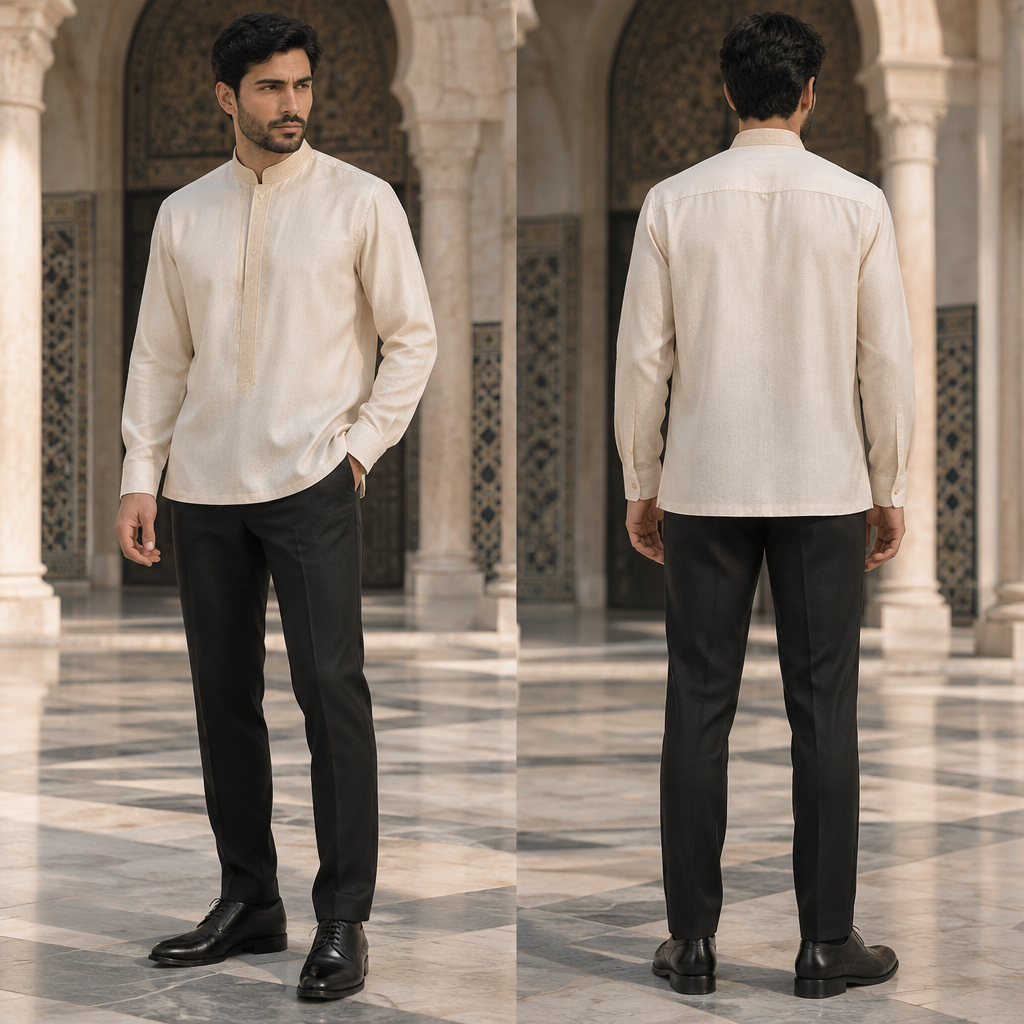 A Male Top design, in Formal style. قماش قمراية. Tunisia fashion aesthetics. Present it as professional fashion catalogue photography: the garment is the subject, shown full-length with editorial styling, neutral posing and tasteful, non-suggestive framing.
photorealistic fashion design, A Male Top design, in Formal style. قماش قمراية. Tunisia fashion aesthetics. Present it as professional fashion catalogue photography: the garment is the subject, shown full-length with editorial styling, neutral posing and tasteful, non-suggestive framing., formal style, just the design no text