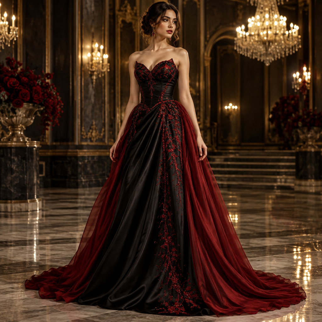 Design a luxurious and elegant evening gown for a graduation party, combining black and deep red. I want a floor-length dress with a beautiful silhouette that accentuates the waist. The upper part should be made of elegant black satin, with flowing red silk fabric extending from the waist to the bottom of the dress in a dramatic and graceful way. Add delicate red embroidery on the black fabric, along with subtle sparkling details to create a royal and glamorous look. Make the design unique, sophisticated, and eye-catching, perfect for an elegant graduation celebration. Use realistic fabric textures, professional lighting, and a luxurious background. Show the entire dress from top to bottom in high resolution, with exquisite attention to detail.
photorealistic fashion design, Design a luxurious and elegant evening gown for a graduation party, combining black and deep red. I want a floor-length dress with a beautiful silhouette that accentuates the waist. The upper part should be made of elegant black satin, with flowing red silk fabric extending from the waist to the bottom of the dress in a dramatic and graceful way. Add delicate red embroidery on the black fabric, along with subtle sparkling details to create a royal and glamorous look. Make the design unique, sophisticated, and eye-catching, perfect for an elegant graduation celebration. Use realistic fabric textures, professional lighting, and a luxurious background. Show the entire dress from top to bottom in high resolution, with exquisite attention to detail., just the design no text