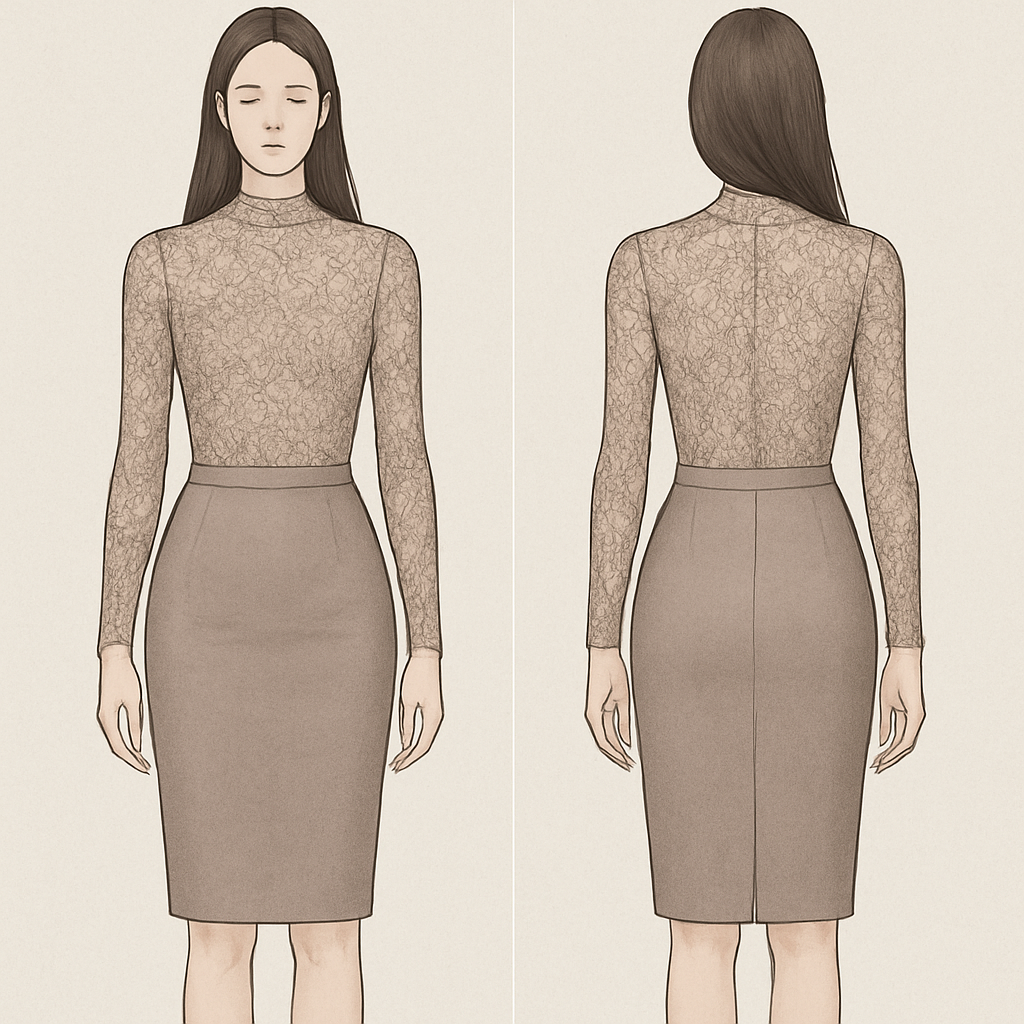The top layer is lace, tight-fitting, followed by a fitted skirt made of soft fabric.
The top layer is lace, tight-fitting, followed by a fitted skirt made of soft fabric., show front and back