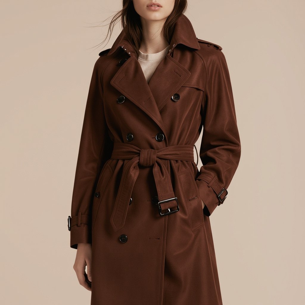 زیباترین ترنچ کت آزاد جیر سوئیت شکلاتی رو طراحی کن
Design the most beautiful chocolate suede trench coat. It has an oversized, flowing cut, a classic double-breasted front, and a tie waist.