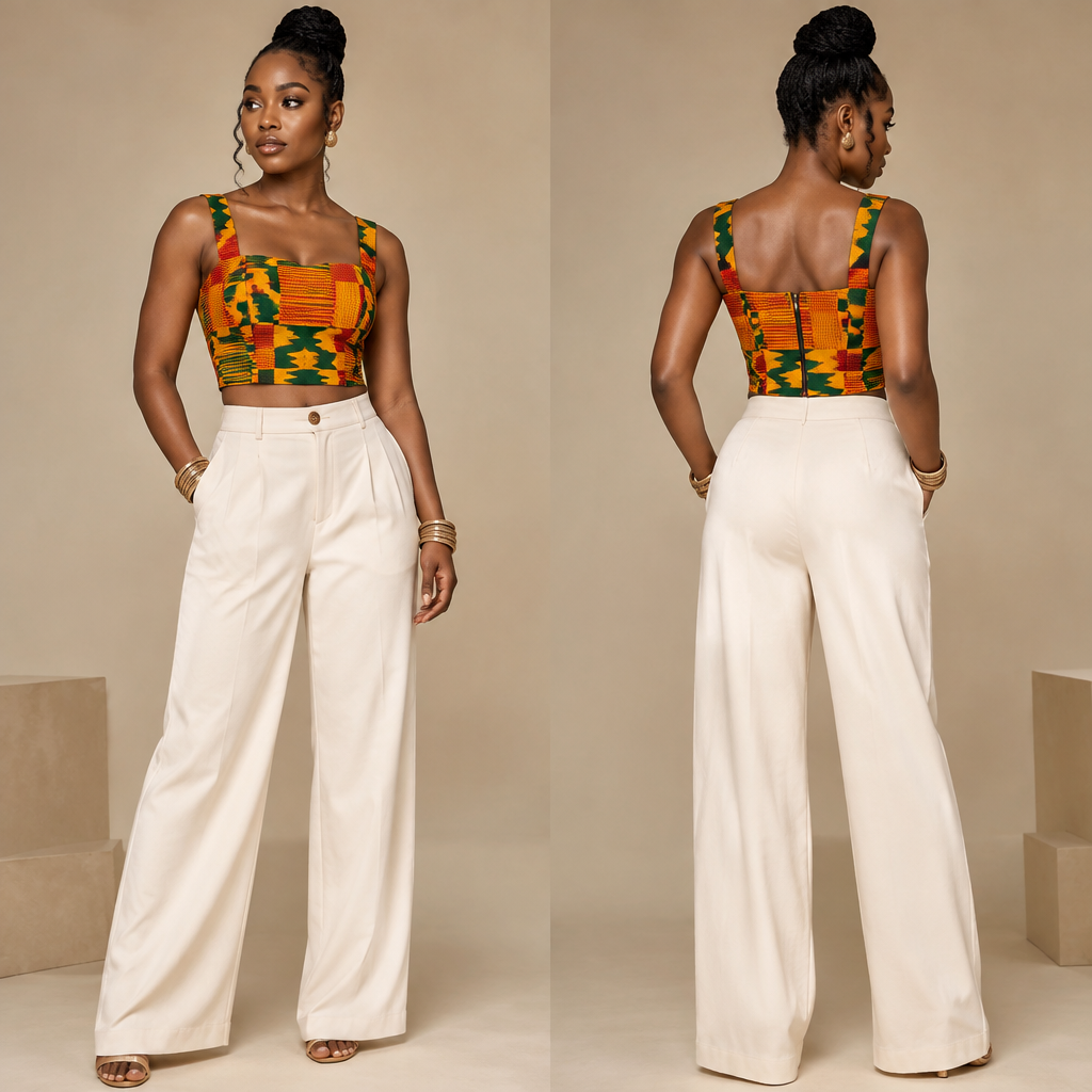 A Female fashion design. crop top for women. Ghana fashion aesthetics. Present it as professional fashion catalogue photography: the garment is the subject, shown full-length with editorial styling, neutral posing and tasteful, non-suggestive framing.
photorealistic fashion design, A Female fashion design. crop top for women. Ghana fashion aesthetics. Present it as professional fashion catalogue photography: the garment is the subject, shown full-length with editorial styling, neutral posing and tasteful, non-suggestive framing., just the design no text