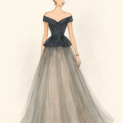The image shows a fashion illustration of a woman wearing a dramatic, elegant gown. The look features a structured, dark bodice — almost like charcoal or deep navy — with a sculpted peplum waistline that accentuates the silhouette. The neckline is off-the-shoulder and slightly heart-shaped, giving the design a feminine, graceful feel.

From the waist down, the gown transitions into a long, flowing tulle skirt, rendered in soft beige and gray tones. The fabric is semi-sheer, and the skirt subtly widens toward the hem, giving the impression of light movement. There’s a touch of shimmer or subtle detailing on the lower part of the dress, suggesting delicate embroidery or sequins.

The woman’s pose is poised and elegant, standing tall and confident. Her hair is styled up, with visible gold jewelry — perhaps earrings or a bracelet — that complements the gown’s refined tone.

The background is simple and light, which keeps the focus on the design itself. Overall, the illustration feels modern yet timeless, with a soft balance between structure and fluidity.