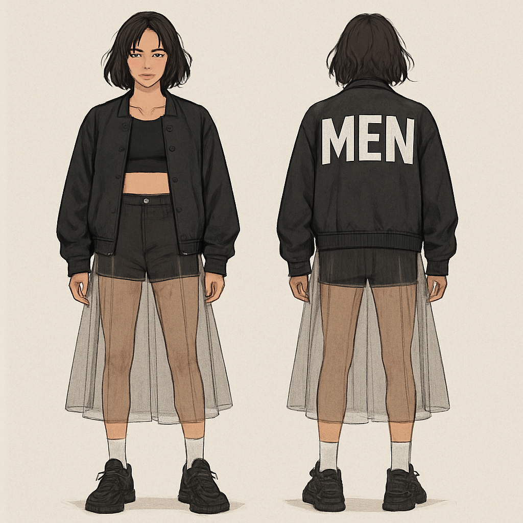 A crop top with some shorts a see through skirt over the pants and a letters men jacket
A crop top with some shorts a see through skirt over the pants and a letters men jacket , streetwear style, show front and back