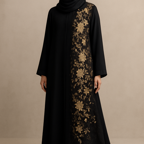 The Gold Veil Lace Abaya
Tone: Black Design: A soft lace panel on one side with gold floral embroidery and crystals.