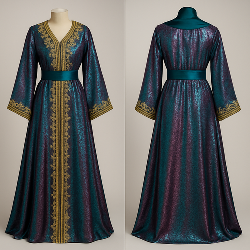 Create a takshita in petrol/pink lamé fabric that shimmers. Sfifa and zwaq maalam should be gold. The tahtiya should be petrol satin fabric