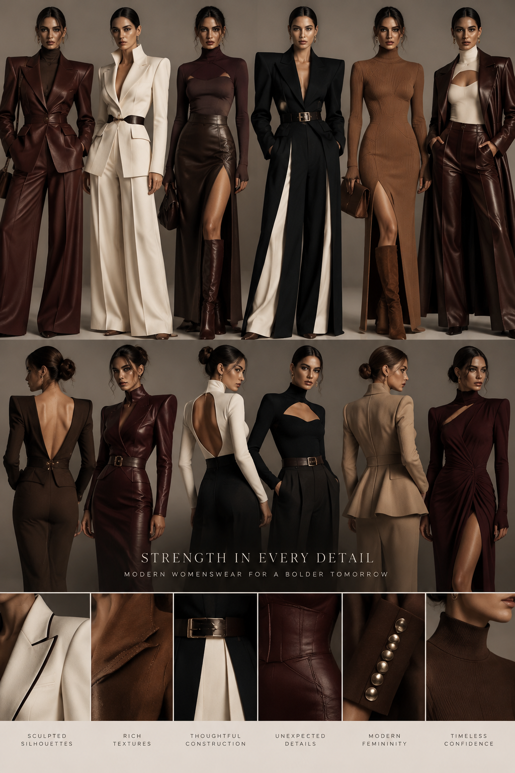 It needs to be much more edgy and structured. Add white and black pieces. A contemporary, elevated womenswear aesthetic that combines structured silhouettes, feminine sensuality, and understated boldness. The style is sophisticated and confident, with a warm, rich color palette and distinctive design details that make each piece feel special.
The collection should feature sculptural tailoring, strong shoulders, defined waists, high collars, elegant V-shaped backs, fitted bodysuits, and statement blazers with unexpected contrasting panels or textures. The silhouettes should feel powerful and refined while remaining comfortable and wearable.
The color palette includes chocolate brown, cognac, burgundy, warm taupe, camel, and creamy ivory. Materials should look rich, tactile, and high-quality, with a focus on beautiful textures, durable fabrics, and thoughtful construction. Subtle leather or suede accents can add depth and edge.
The overall aesthetic is modern, warm, feminine, confident, and distinctive — luxurious without being flashy, minimalist without being cold, and bold without being overly extravagant.
Each piece should have a signature detail or an unexpected element that sets it apart from ordinary basics. The goal is to create clothes that make women feel powerful, confident, and memorable when they walk into a room.
It needs to be much more edgy and structured. Add white and black pieces. A contemporary, elevated womenswear aesthetic that combines structured silhouettes, feminine sensuality, and understated boldness. The style is sophisticated and confident, with a warm, rich color palette and distinctive design details that make each piece feel special.
The collection should feature sculptural tailoring, strong shoulders, defined waists, high collars, elegant V-shaped backs, fitted bodysuits, and statement blazers with unexpected contrasting panels or textures. The silhouettes should feel powerful and refined while remaining comfortable and wearable.
The color palette includes chocolate brown, cognac, burgundy, warm taupe, camel, and creamy ivory. Materials should look rich, tactile, and high-quality, with a focus on beautiful textures, durable fabrics, and thoughtful construction. Subtle leather or suede accents can add depth and edge.
The overall aesthetic is modern, warm, feminine, confident, and distinctive — luxurious without being flashy, minimalist without being cold, and bold without being overly extravagant.
Each piece should have a signature detail or an unexpected element that sets it apart from ordinary basics. The goal is to create clothes that make women feel powerful, confident, and memorable when they walk into a room.