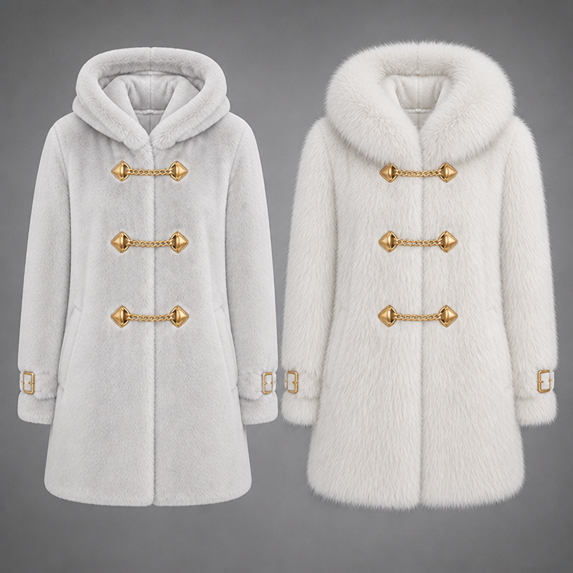 Make this same two coats one in fox and the other in mink color I want is white
edit the attached fashion design with these instructions: Make this same two coats one in fox and the other in mink color I want is white. keep it photorealistic, just the design no text