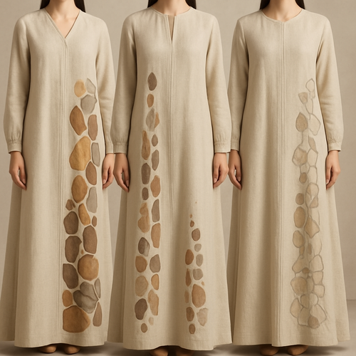 Create a modest two-piece linen abaya, the first of its kind, featuring a unique stone design that exudes a classy and sophisticated vibe. I’d like four designs, each showcasing different styles and fabrics. Incorporate high-end, unique chic stone designs to make them truly special. Add little sophisticated stone designs.