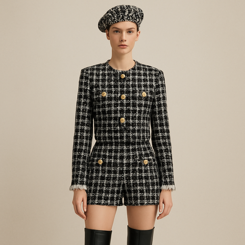 Tweed crop jacket in black and white with matching tweed shorts
Jacket slightly longer gold buttons pockets on breasts full length sleeves slight white fringe on end of sleeves
Bigger print and matching beret
Smaller beret more distinct pockets
Exact same just jacket slightly longer to cover the naval and show the beret and thigh high leather boots
Pockets on shorts with gold buttons