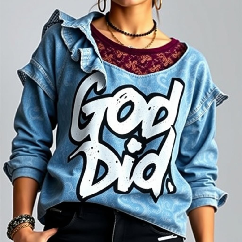 create asymmetrical shirt with lace on it, that says God did on the front with little rufffles
Design an edgy asymmetrical streetwear shirt featuring bold lace accents and playful ruffles. The shirt should prominently display the phrase "God Did" in striking graffiti-style typography. Use a mix of urban fabrics like distressed denim and breathable cotton, incorporating vibrant colors and oversized fit, capturing the fresh, rebellious spirit of street fashion.