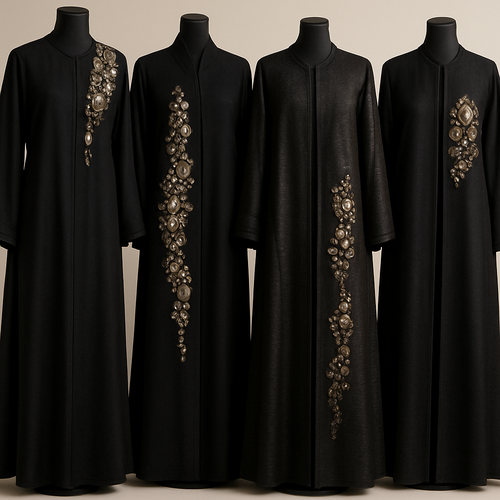 Create me modest abaya that's first in the world, using unique stone design, classy and sophisticated. Keep me 4 designs. Make them rich by adding unique chic stone high end designs and . Showcasing different styles and fabric.