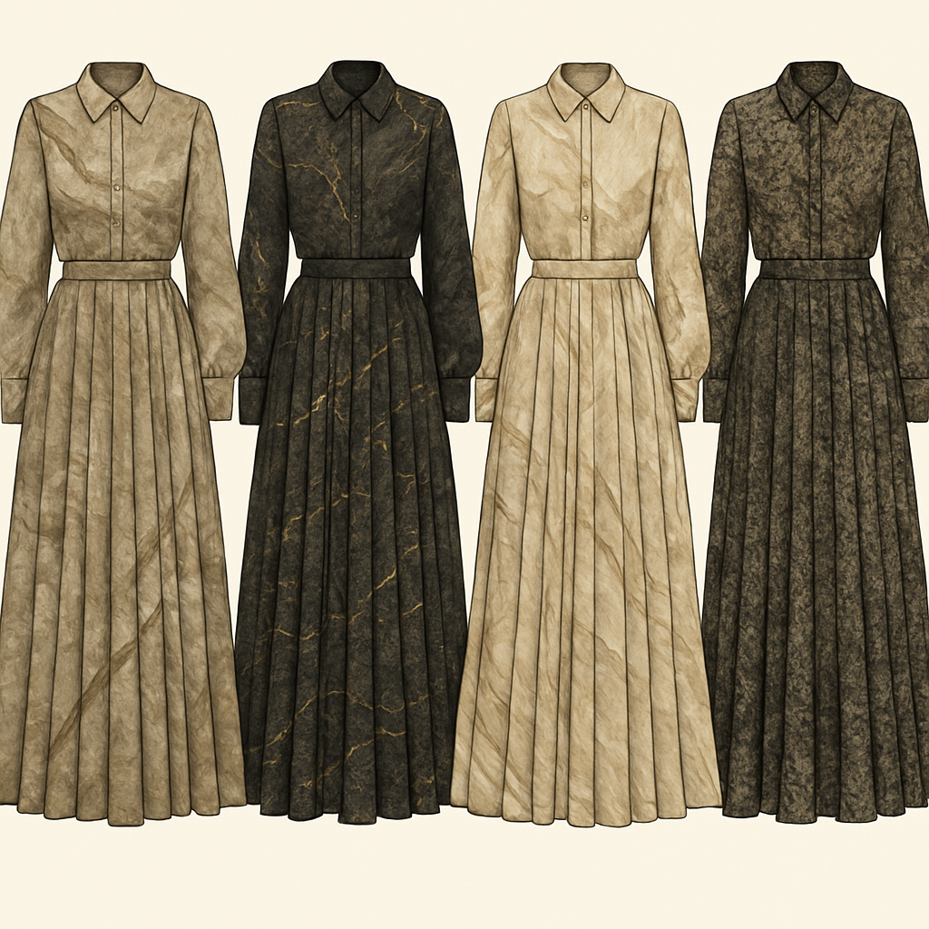 Create a modest two-piece long midi dress and shirt using symmetric pleat and silk, the first of its kind, featuring a unique stone design that exudes a classy and sophisticated vibe. I'd like four designs, each showcasing different styles and fabrics. Incorporate high-end, unique chic stone designs to make them truly special. Add little sophisticated stone designs.

Create a modest two-piece long midi dress and shirt using symmetric pleat and silk, the first of its kind, featuring a unique stone design that exudes a classy and sophisticated vibe. I'd like four designs, each showcasing different styles and fabrics. Incorporate high-end, unique chic stone designs to make them truly special. Add little sophisticated stone designs.