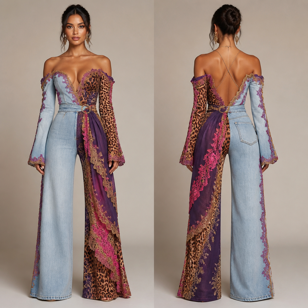 photorealistic fashion design, A Female Jumpsuit design, for Wedding, suitable for Summer, in Glamorous + Animal Print + Luxury style. Light brown and purple with a pinch of hot pink(exquisite design) on the right part and very faded blue jeans on the left part, off shoulders and above knee length with lace starps behind, glamorous style, just the design no text, show front and back. Refinement: long sleeves on both ends and longer(to the toe) and free for the lower part
photorealistic fashion design, photorealistic fashion design, A Female Jumpsuit design, for Wedding, suitable for Summer, in Glamorous + Animal Print + Luxury style. Light brown and purple with a pinch of hot pink(exquisite design) on the right part and very faded blue jeans on the left part, off shoulders and above knee length with lace starps behind, glamorous style, just the design no text, show front and back. Refinement: long sleeves on both ends and longer(to the toe) and free for the lower part, just the design no text