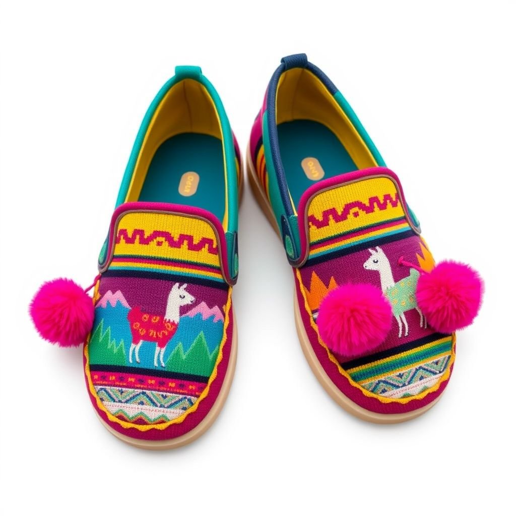 Create a kid loafer with peruvian textile
Design a whimsical kid's loafer inspired by vibrant Peruvian textiles, featuring intricate patterns of llamas and mountainous landscapes. The upper showcases a mix of bright colors like deep turquoise, sunny yellow, and rich magenta, while the sole is cushioned for comfort. Adding pom-poms enhances playful charm, perfect for adventurous little feet!