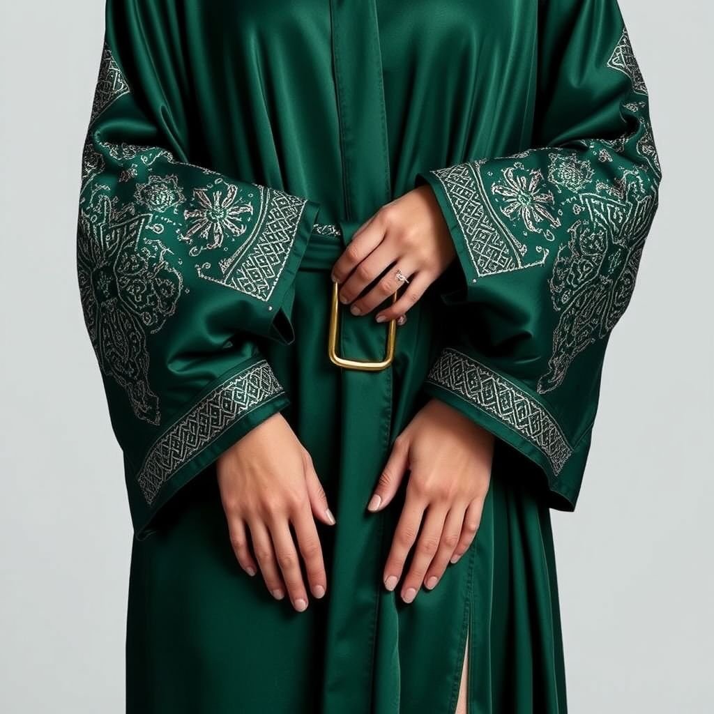 Make Abaya a modern abaya with embroidered sleeves.
Envision a modern abaya tailored from luxurious, flowing silk, featuring dramatic embroidered sleeves adorned with intricate geometric patterns and metallic threads. The silhouette is sleek with a high side slit, accentuating movement. In a deep emerald green, it’s paired with a statement belt, blending tradition with contemporary chic for the modern woman.