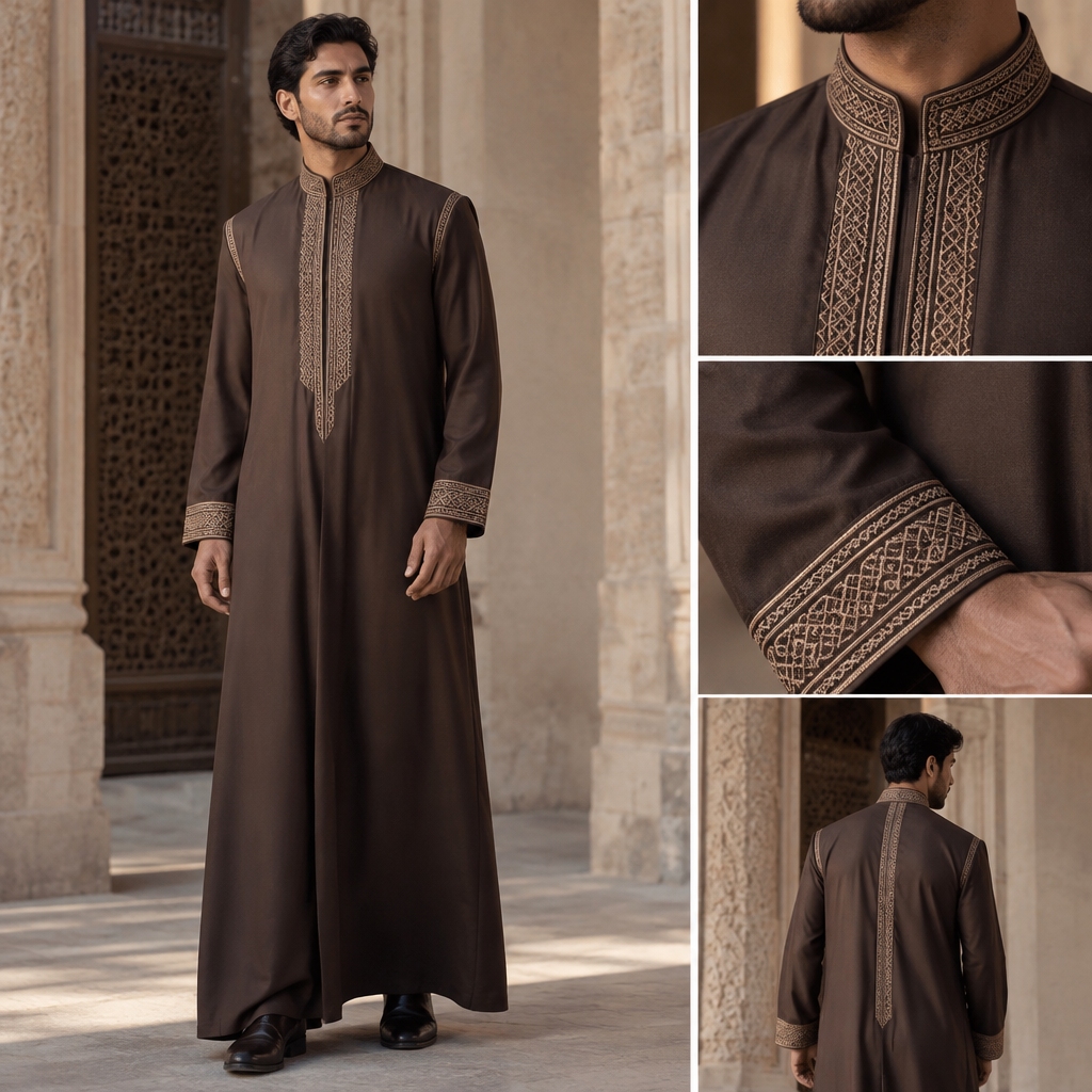 A Male Thobe design, suitable for Fall. سوت رجالى نستلهم من الفن الاسلامى. Egypt fashion aesthetics. Present it as professional fashion catalogue photography: the garment is the subject, shown full-length with editorial styling, neutral posing and tasteful, non-suggestive framing.
photorealistic fashion design, A Male Thobe design, suitable for Fall. سوت رجالى نستلهم من الفن الاسلامى. Egypt fashion aesthetics. Present it as professional fashion catalogue photography: the garment is the subject, shown full-length with editorial styling, neutral posing and tasteful, non-suggestive framing., just the design no text