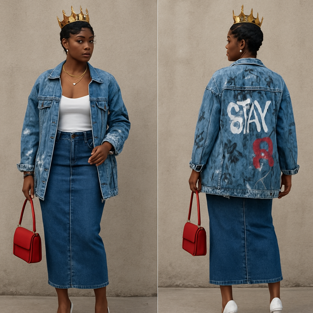 Black woman
Finger waves
Tilted Gold crown
spaghetti strap shirt white
Tight long blue jean skirt
Long ripped blue jean jacket with graffiti on it white heels
Red purse
Gold jewelry
Black woman
Finger waves
Tilted Gold crown
spaghetti strap shirt white
Tight long blue jean skirt
Long ripped blue jean jacket with graffiti on it white heels
Red purse
Gold jewelry
, streetwear style, show front and back