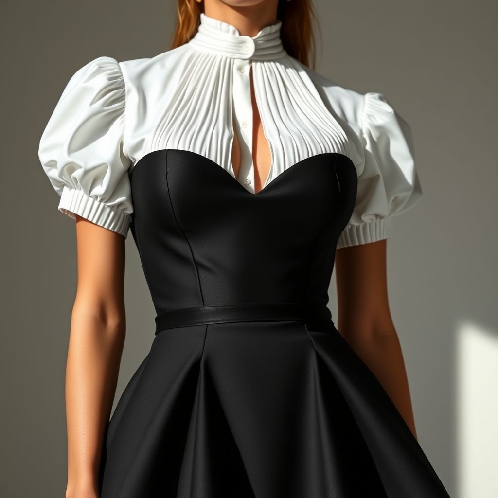A halter neck white pin tucked shirt joined to a black sweetheart bodice which is attached to a foam fitted skirt that flares out in around manner at the knees
Envision a stunning ensemble featuring a halter neck white pin-tucked shirt cascading gracefully into a sleek black sweetheart bodice. The bodice intricately forms a striking contrast against a sculptural foam fitted skirt that flares out dramatically at the knees, creating an aura of effortless elegance and bold sophistication. Perfect for modern soirées!