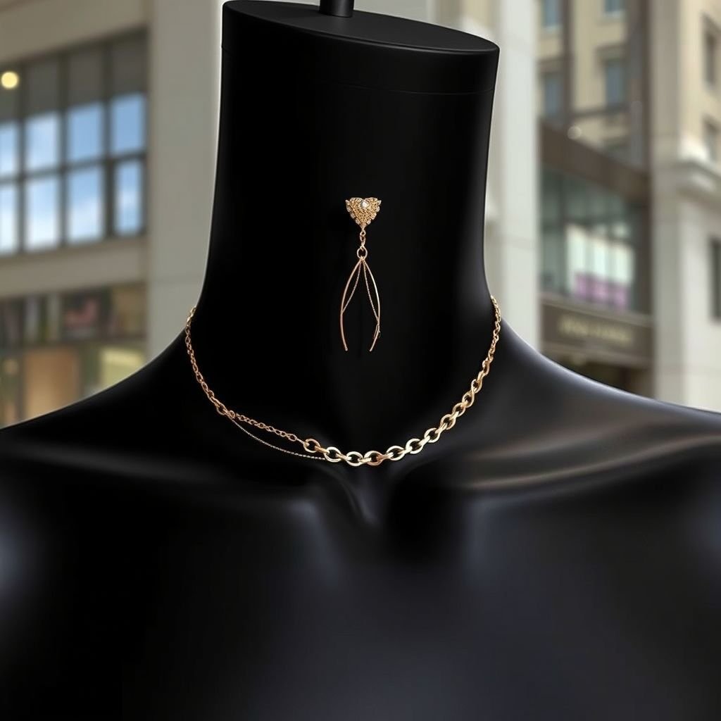 Create a image of a black neck to chest mannequin that has a non blemish gold pin earring and a neck chain around it
Visualize a striking black mannequin adorned with a non-blemished gold pin earring, elegantly piercing its tapered neck. A delicate, intertwined neck chain drapes gracefully, catching light with its intricate design. This ensemble exudes glamour, blending minimalism with opulence. The style radiates sophistication, perfect for a high-fashion editorial shoot in a grand urban backdrop.